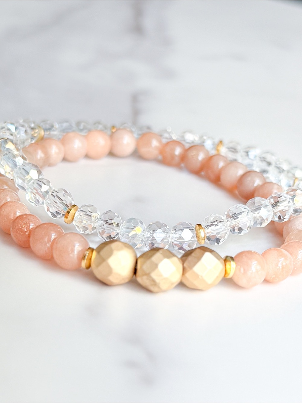 Sunstone & Crystal Glass Beaded Stretch Bracelet Set Peach Clear Gold Tone Set